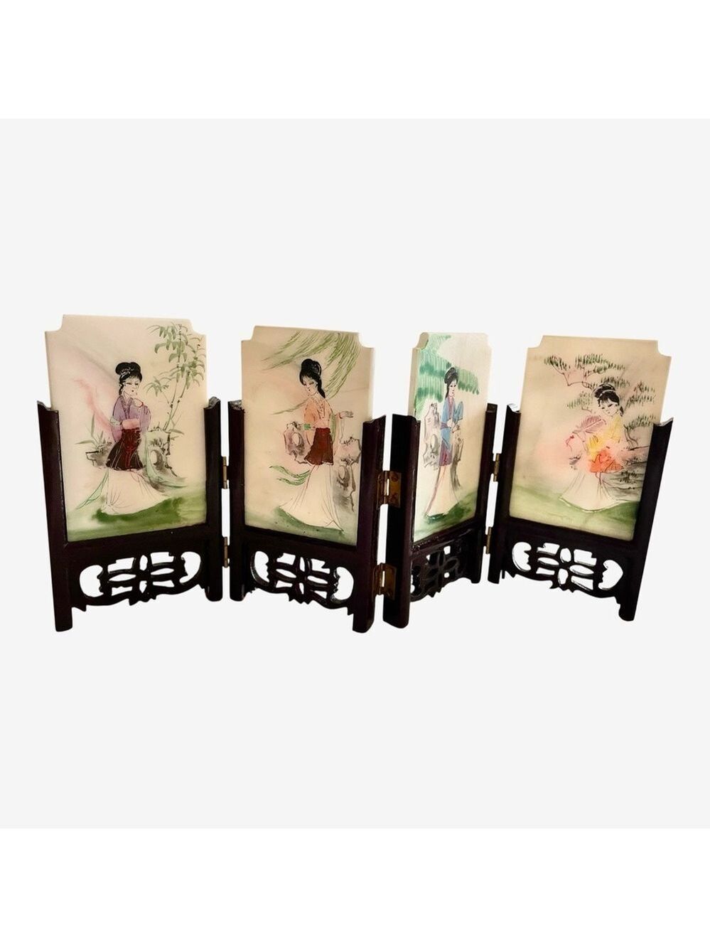 Decorative Vintage Miniature Folding Screen with 4 Marble Geisha Painted Panels